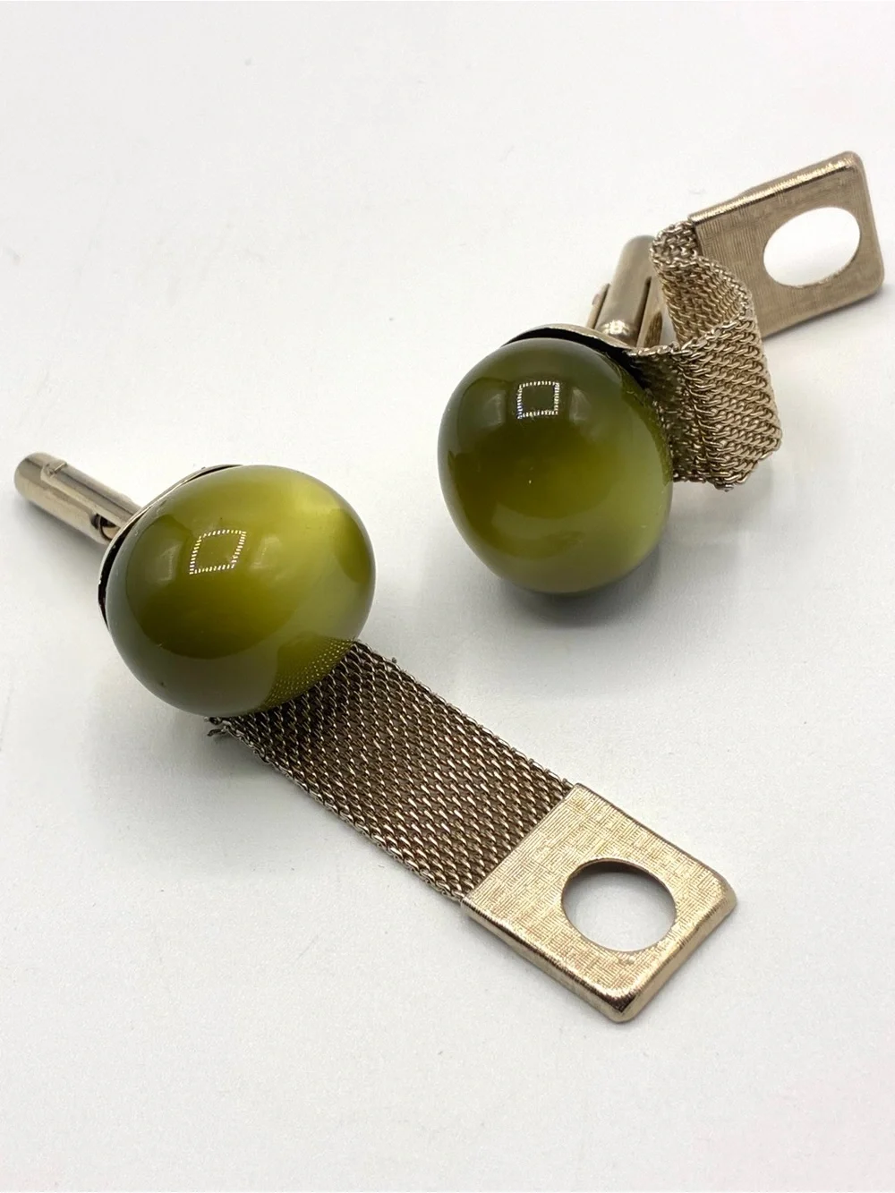 Vintage Green Lucite Cabochon Mesh Wrap Around Cufflinks Gold Tone MCM